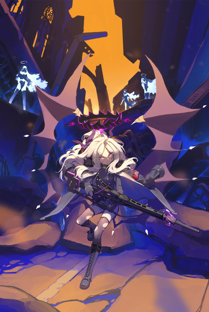 4girls, absurdres, armband, assault_rifle, backlighting, battle, belt, black_coat