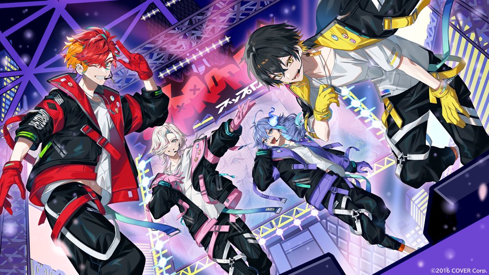 4boys, :d, alternate_costume, antenna_hair, aqua_eyes, aqua_hair, asymmetrical_bangs, badge