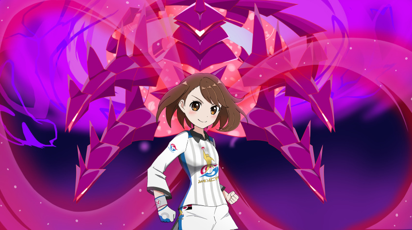1girl, absurdres, blush, brown_eyes, brown_hair, clenched_hands, closed_mouth, collared_shirt, commentary_request, dynamax_band, eternatus, eternatus_(eternamax), gloria_(pokemon), gloves, gym_challenge_uniform, highres, pokemon, pokemon_(creature), pokemon_(game), pokemon_swsh, shirt, short_hair, shorts, single_glove, smile, terada_ryou, white_shirt, white_shorts