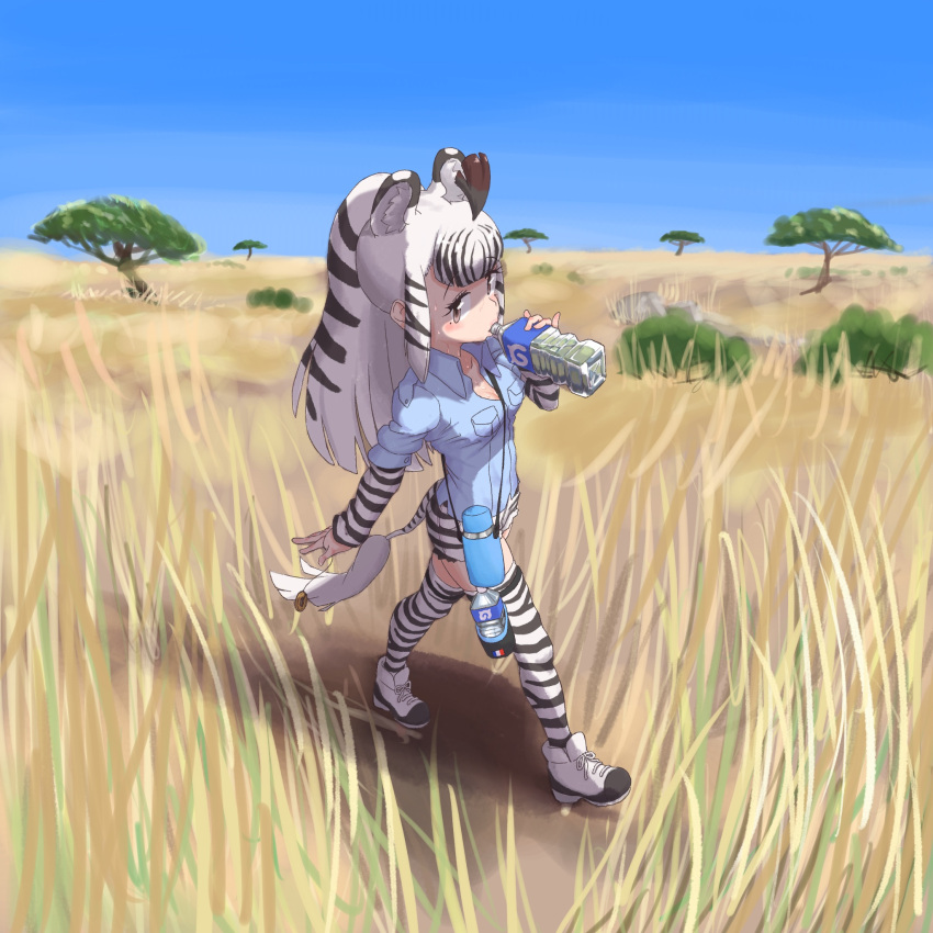 animal_ears, animal_print, black_hair, blue_shirt, bottle, canteen, collared_shirt, drinking