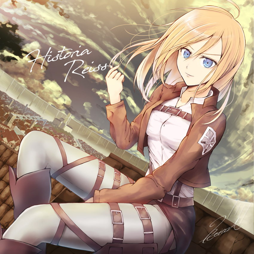 1girl, absurdres, blonde_hair, blue_eyes, brown_jacket, character_name, christa_renz, closed_mouth