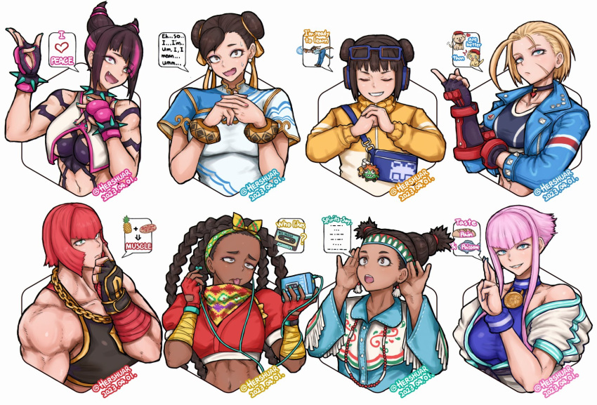 6+girls, blonde_hair, blue_eyes, braid, brown_eyes, brown_hair, cammy_white, chun-li