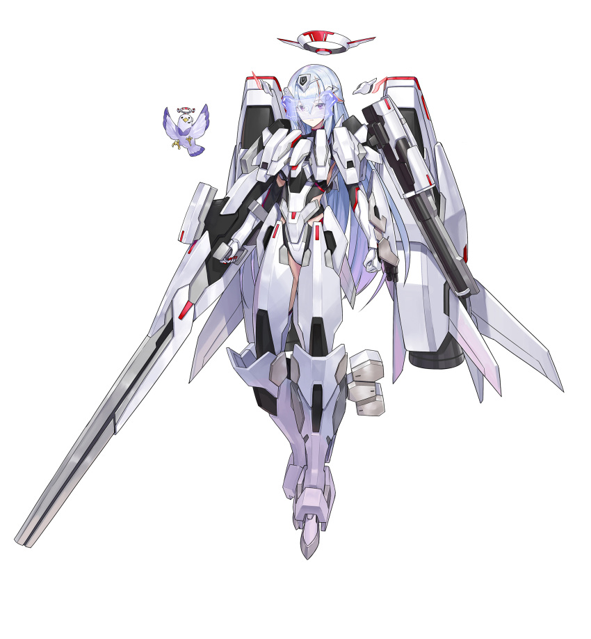 1girl, absurdres, arm_cannon, armor, arms_at_sides, bird, blue_hair, expressionless