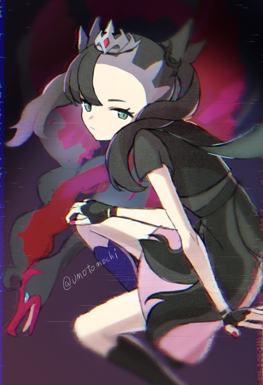 1girl, asymmetrical_bangs, bird, black_hair, earrings, fingerless_gloves, floating_hair, galarian_moltres, gloves, green_eyes, hand_on_own_knee, highres, jewelry, marnie_(champion)_(pokemon), marnie_(pokemon), medium_hair, official_alternate_costume, pokemon, pokemon_(creature), pokemon_(game), pokemon_masters_ex, red_nails, tiara, twintails, umotomochi