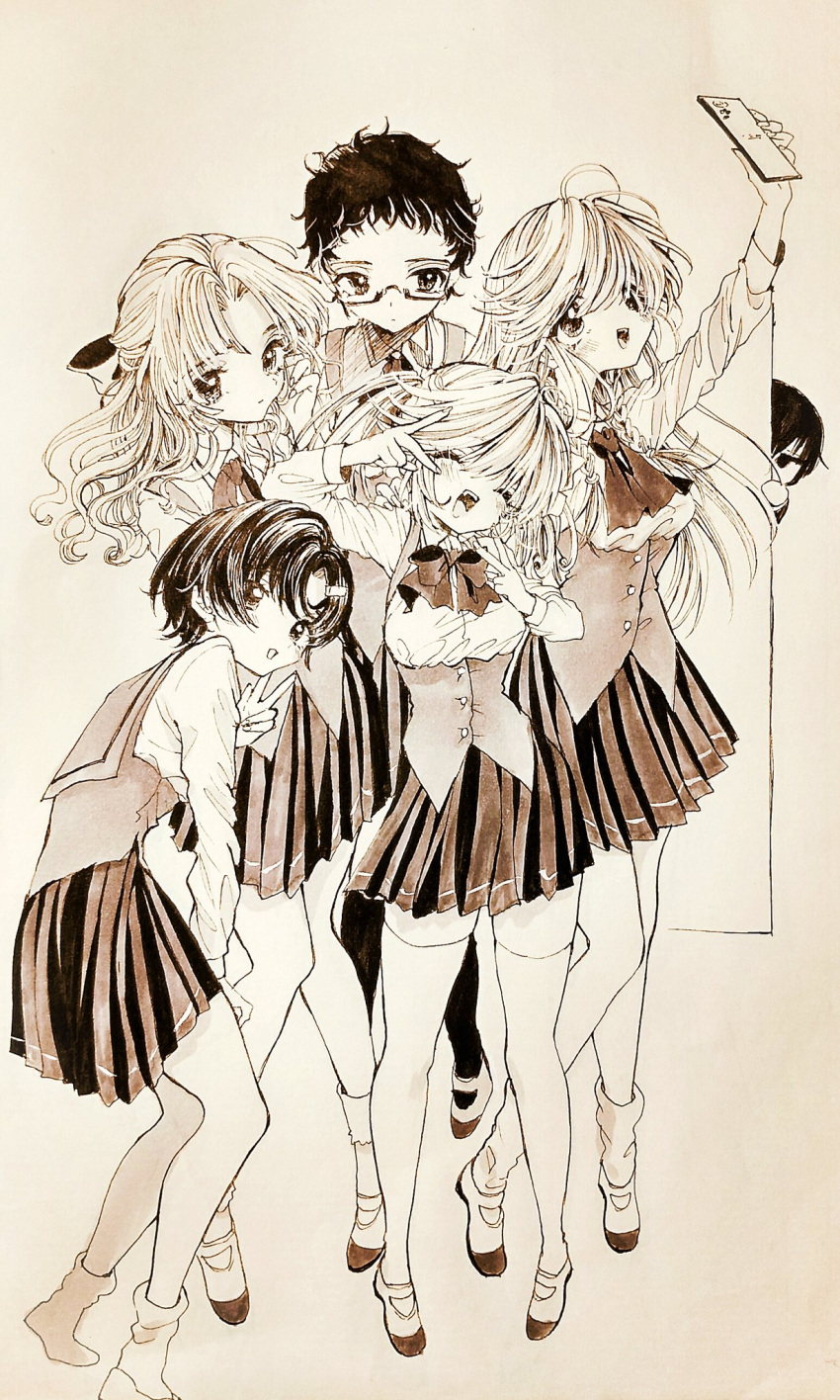 1boy, 2000s_(style), 5girls, ahoge, anachronism, aya_carmine, cellphone, closed_eyes, collared_shirt, double_v, expressionless, full_body, glasses, greyscale, hair_ribbon, highres, hitomi_hirosuke_(sayonara_wo_oshiete), holding, holding_phone, long_hair, meguro_miyuki, millipen_(medium), miniskirt, monochrome, multiple_girls, neck_ribbon, open_mouth, peeking_out, phone, pleated_skirt, retro_artstyle, ribbon, sayonara_wo_oshiete, school_uniform, selfie, shirt, shoes, short_hair, skirt, smartphone, smile, socks, sugamo_mutsuki, takada_nozomi, tamachi_mahiru, thigh-highs, traditional_media, twintails, ueno_koyori, underbust, uwabaki, v, vest, zettai_ryouiki