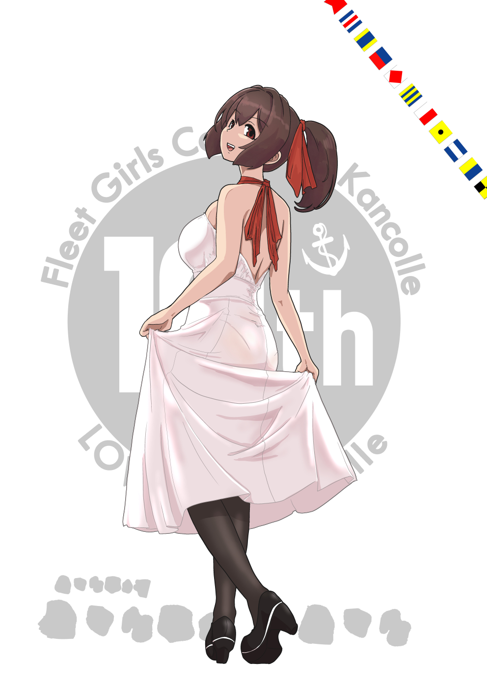 1girl, anniversary, ass, black_footwear, breasts, brown_eyes, brown_hair, copyright_name, dress, hair_ribbon, highres, ise_(kancolle), kantai_collection, large_breasts, long_hair, ponytail, red_ribbon, ribbon, shoes, solo, strapless, strapless_dress, tsun'ichi_(tsun1), white_dress