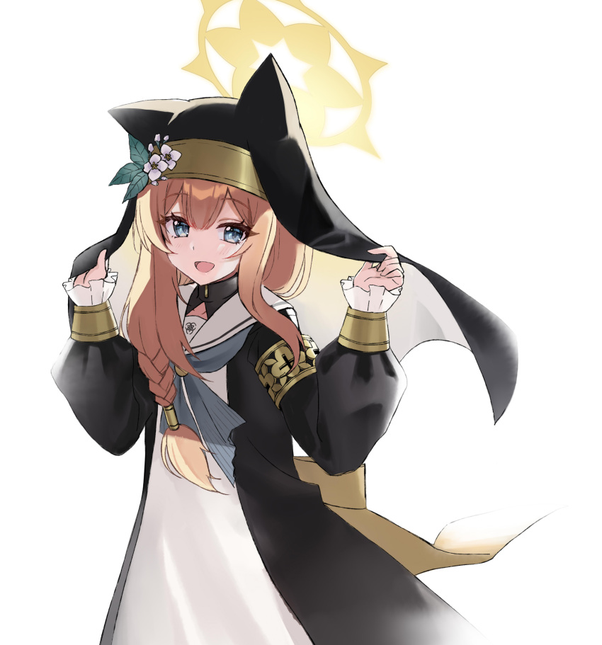 1girl, :d, absurdres, animal_ears, blue_archive, blue_eyes, braid, flower