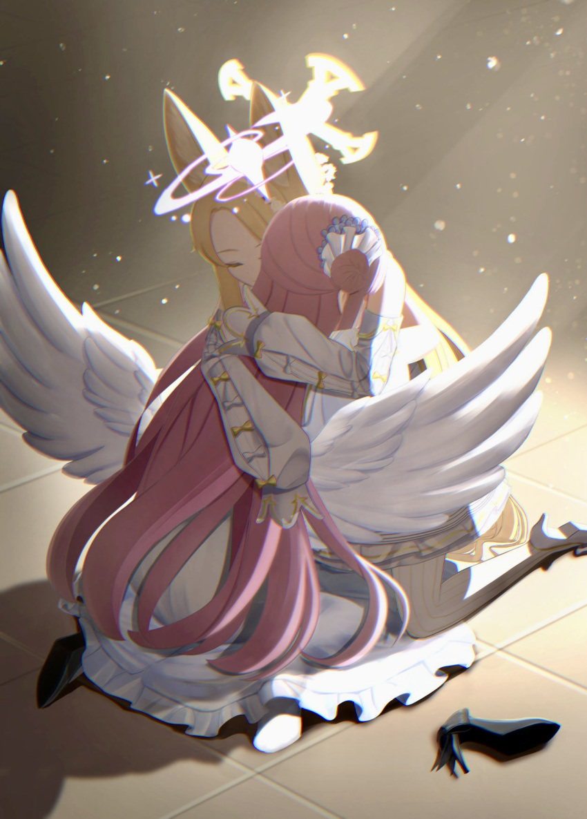 2girls, angel_wings, animal_ear_fluff, animal_ears, backlighting, black_footwear, blonde_hair, blue_archive