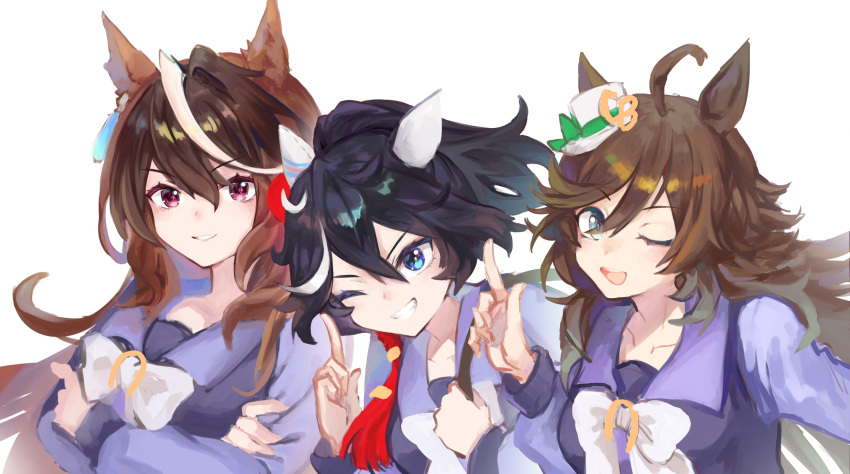 3girls, absurdres, ahoge, animal_ears, black_hair, blue_eyes, bow, bowtie