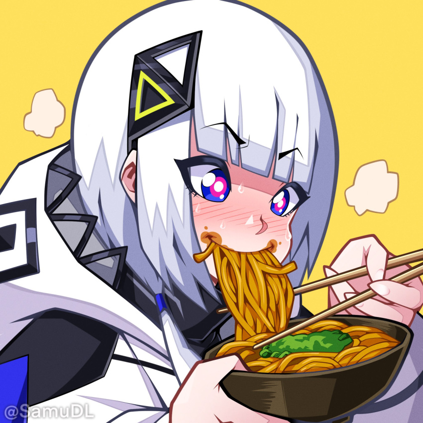1girl, blunt_bangs, cevio, coat, curry_udon, diamond_hair_ornament, eating, food