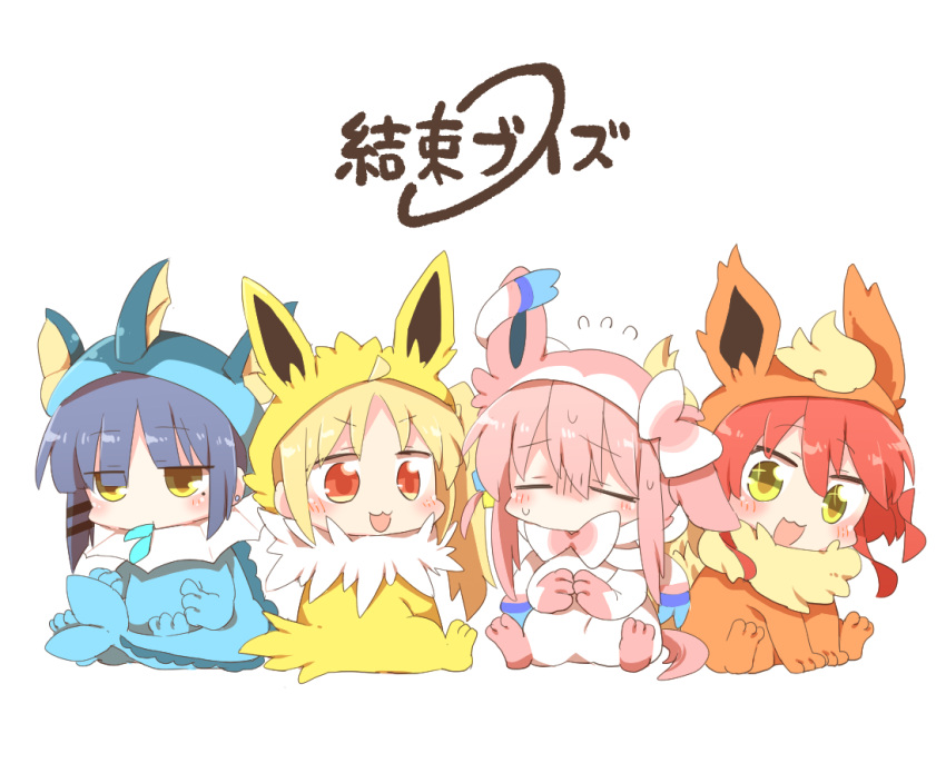 4girls, :3, :d, ahoge, blonde_hair, blue_hair, blunt_ends, blush