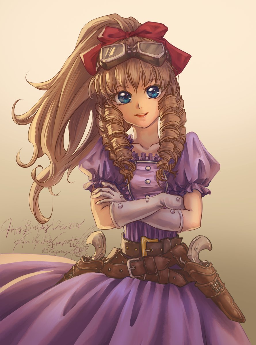 1girl, anrietta_rochefort, arc_the_lad, arc_the_lad_iii, belt, blue_eyes, brown_hair, curly_hair, dress, gloves, goggles, goggles_on_head, gun, hair_ribbon, hayosuga, long_hair, looking_at_viewer, open_mouth, ribbon, simple_background, smile, solo, weapon