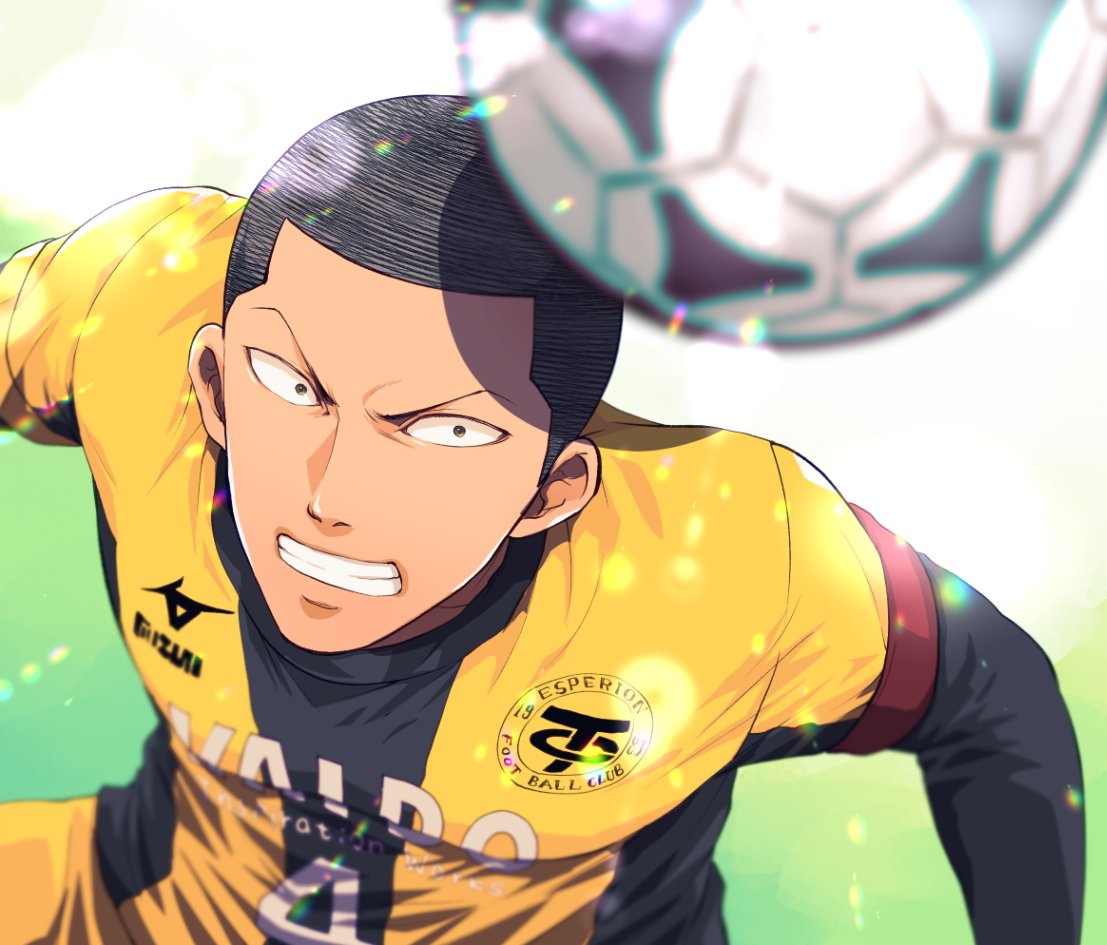 1boy, akutsu_nagisa, ao_ashi, ball, black_eyes, black_hair, blurry, buzz_cut