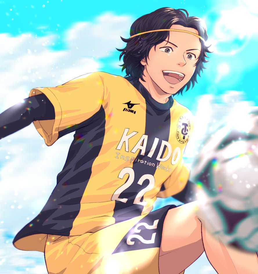 1boy, :d, ao_ashi, black_hair, blurry, clouds, day, headband