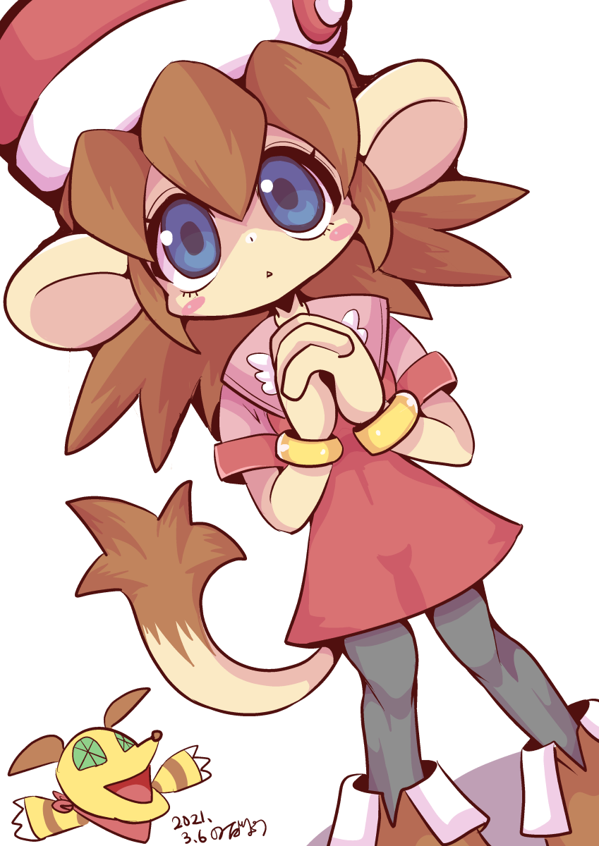 1boy, 1girl, animal_ears, blue_eyes, blush, brown_hair, dress, furry