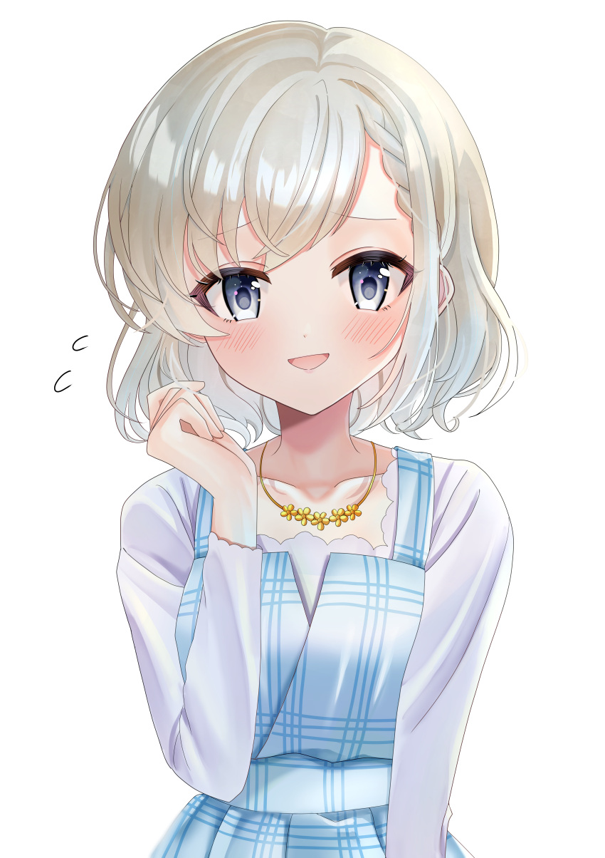 1girl, absurdres, alternate_hair_length, alternate_hairstyle, blue_dress, blue_eyes, blush, braid, braided_bangs, dress, grey_hair, highres, hisakawa_hayate, idolmaster, idolmaster_cinderella_girls, idolmaster_cinderella_girls_starlight_stage, jewelry, looking_at_viewer, mirai_(mirai2498), necklace, short_hair, simple_background, smile, solo, white_background