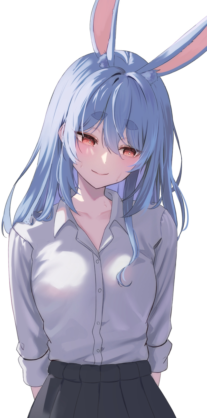 1girl, absurdres, alternate_costume, animal_ear_fluff, animal_ears, arms_behind_back, black_skirt, blue_hair, blush, breasts, collared_shirt, commentary_request, cowboy_shot, extra_ears, highres, hololive, long_hair, long_sleeves, looking_away, pleated_skirt, rabbit-shaped_pupils, rabbit_ears, rabbit_girl, red_eyes, sahemi, shirt, short_eyebrows, simple_background, skirt, sleeves_rolled_up, small_breasts, smile, solo, sweat, symbol-shaped_pupils, thick_eyebrows, usada_pekora, virtual_youtuber, white_background, white_shirt