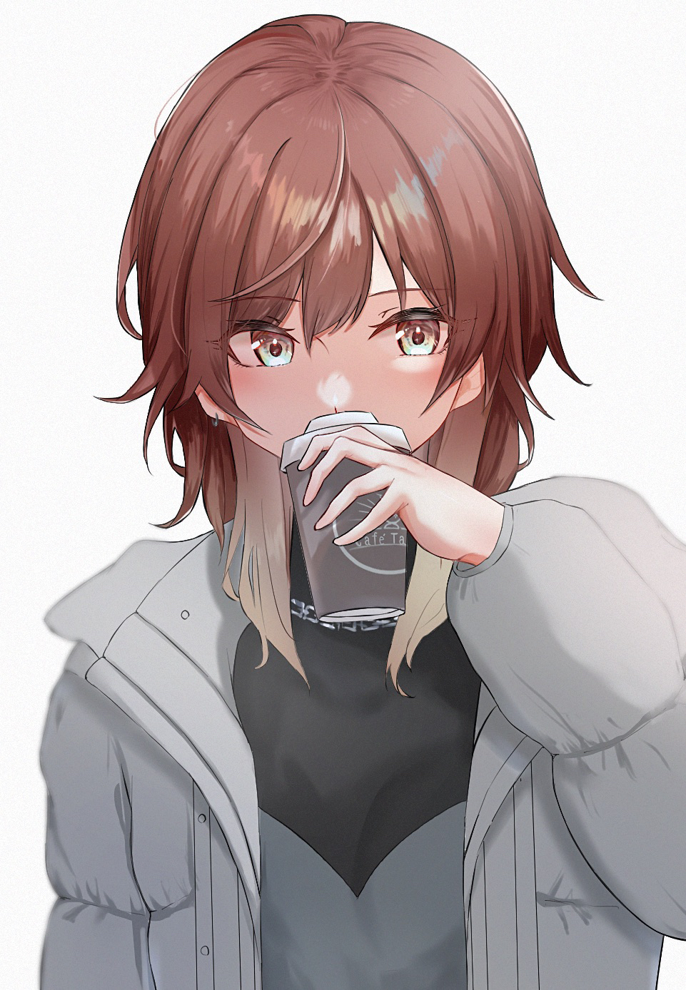 1girl, aketa_mikoto, blonde_hair, blue_eyes, brown_eyes, brown_hair, coffee_cup, cup, disposable_cup, drinking, earrings, grey_jacket, highres, idolmaster, idolmaster_shiny_colors, jacket, jewelry, long_sleeves, ma7bell, multicolored_eyes, multicolored_hair, open_clothes, open_jacket, simple_background, solo, upper_body, white_background