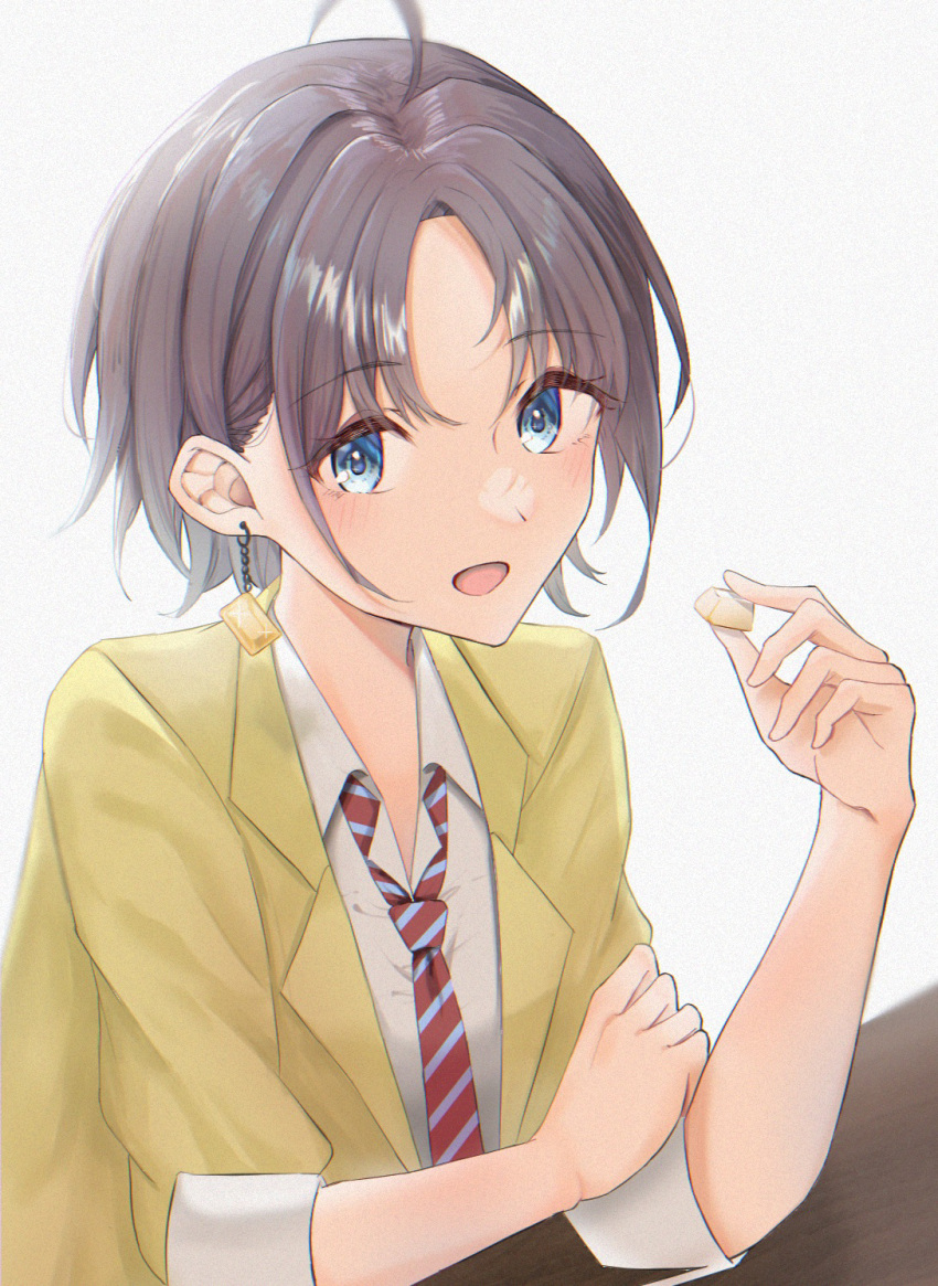 1girl, ahoge, asakura_toru, blue_eyes, brown_hair, chocolate, earrings, highres, idolmaster, idolmaster_shiny_colors, jacket, jewelry, looking_at_viewer, loose_necktie, ma7bell, necktie, parted_bangs, school_uniform, short_hair, sleeves_rolled_up, solo, white_chocolate, yellow_jacket