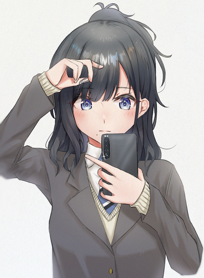 1girl, adjusting_hair, black_hair, blue_eyes, blush, grey_jacket, holding, holding_phone