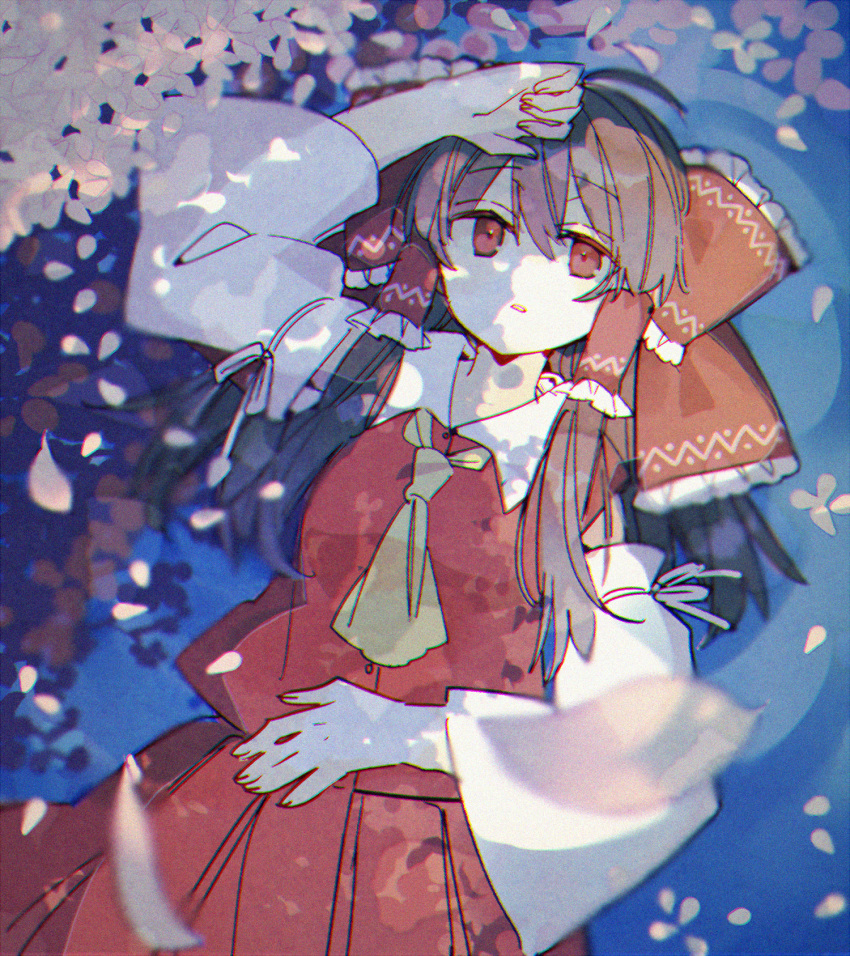 1girl, ascot, blurry, bow, breasts, brown_hair, cherry_blossoms, depth_of_field