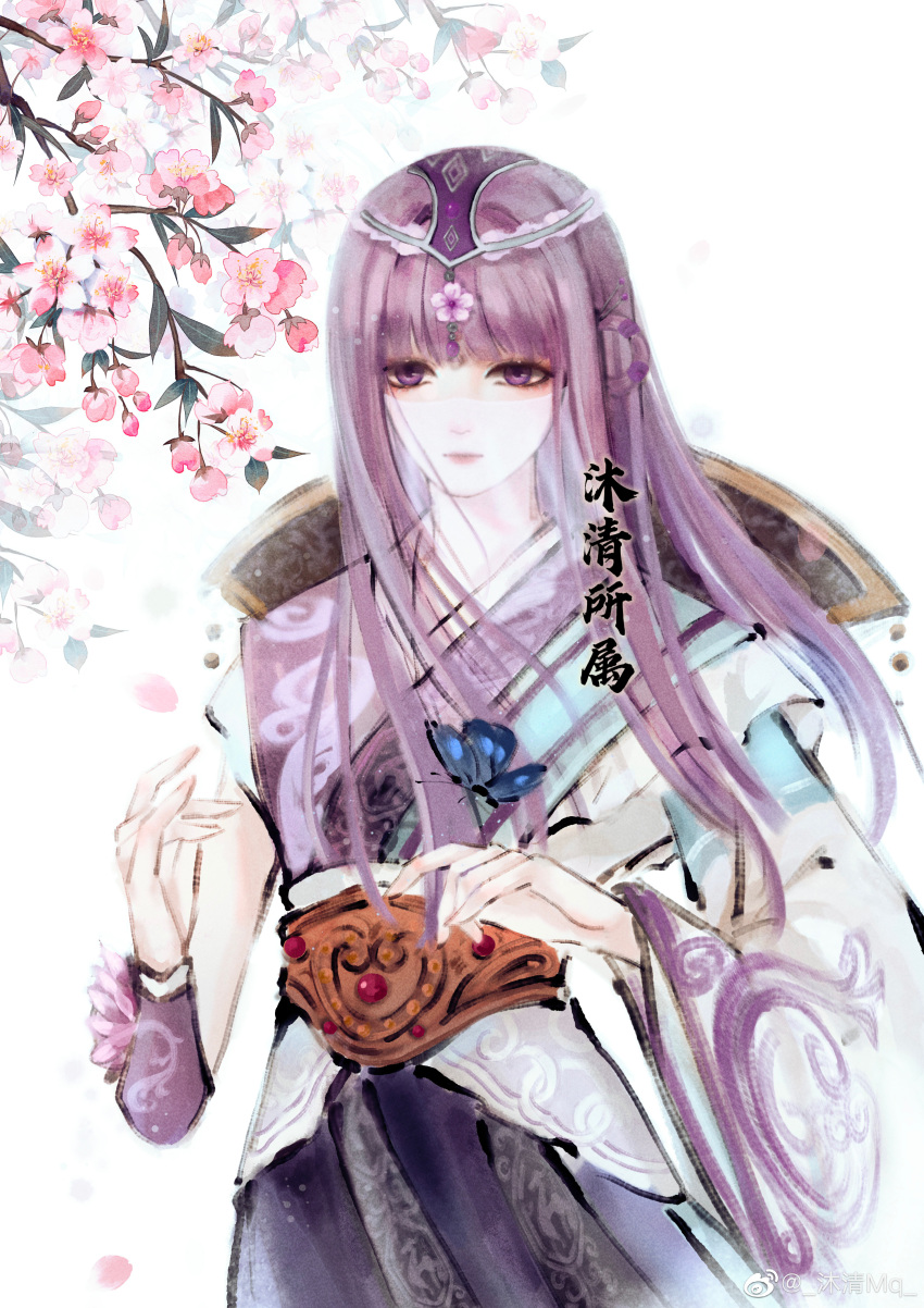 1girl, absurdres, artist_request, asymmetrical_sleeves, branch, bug, butterfly, closed_mouth