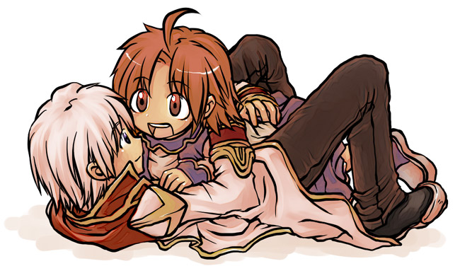 1boy, 1girl, ahoge, black_footwear, blush, brown_eyes, brown_hair, brown_pants