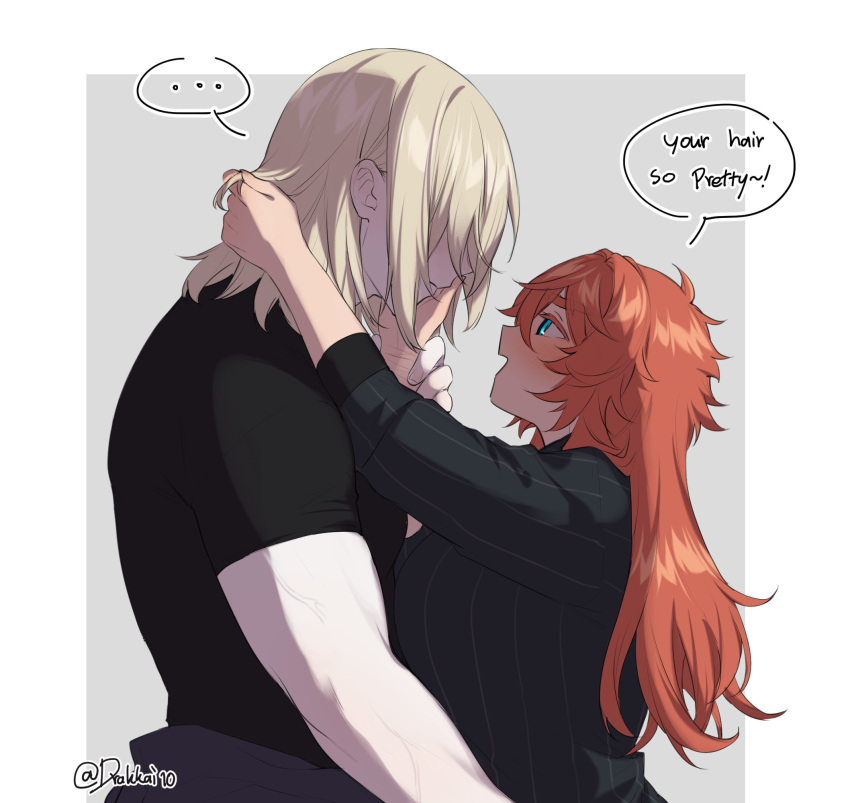 ..., 1boy, 1girl, blonde_hair, blue_eyes, breasts, chigen_(drakkai10), commentary, english_commentary, english_text, engrish_text, hair_over_eyes, hand_in_another's_hair, hand_on_another's_face, hetero, highres, large_breasts, long_hair, medium_hair, muscular, muscular_male, open_mouth, orange_hair, original, pale_skin, ranguage, smile, spoken_ellipsis, thick_eyebrows, twitter_username