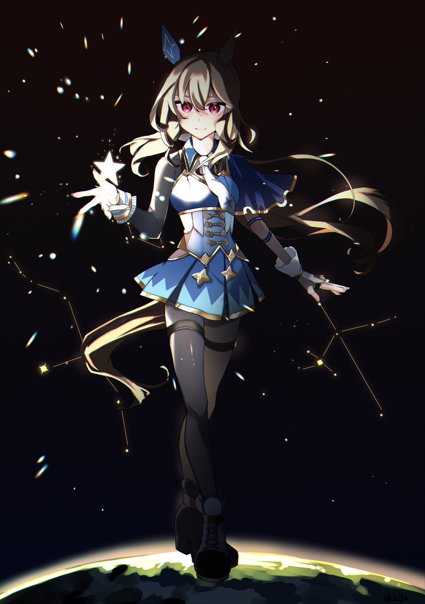 1girl, admire_vega_(umamusume), animal_ears, black_gloves, black_pantyhose, black_shirt, blue_skirt, boots