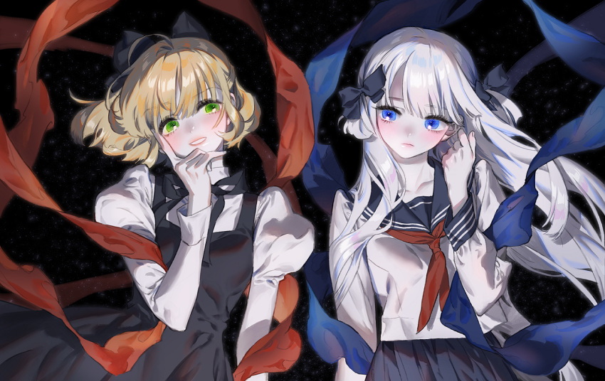 2girls, ahoge, black_background, blonde_hair, blue_eyes, bow, commission, dress
