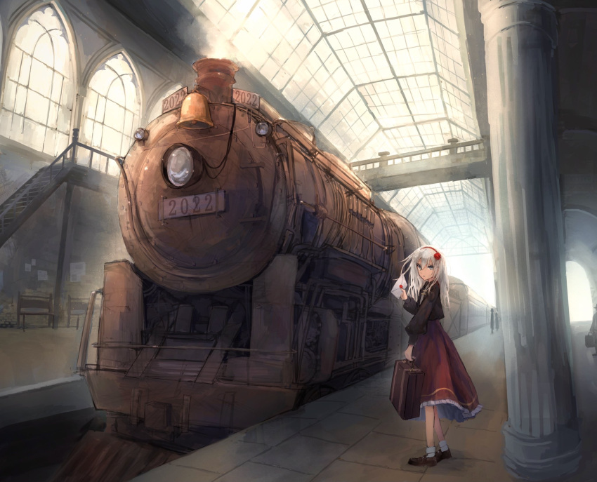 1girl, bo_cota, copyright_request, glass_ceiling, ground_vehicle, highres, holding, holding_letter