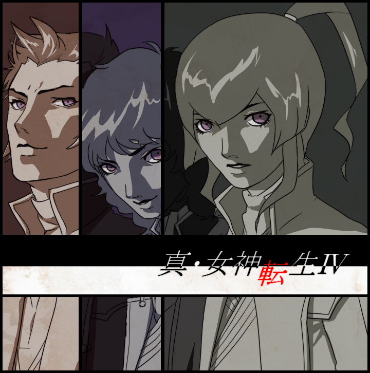 3boys, artist_request, black_hair, bowl_cut, brown_hair, coat, curly_hair, flynn_(smt4), jonathan_(smt), kazuma_kaneko_(style), long_hair, looking_at_viewer, male_focus, multiple_boys, non-web_source, parody, pink_eyes, ponytail, samurai, shin_megami_tensei, shin_megami_tensei_i, shin_megami_tensei_iv, short_hair, smile, style_parody, walter_(smt)