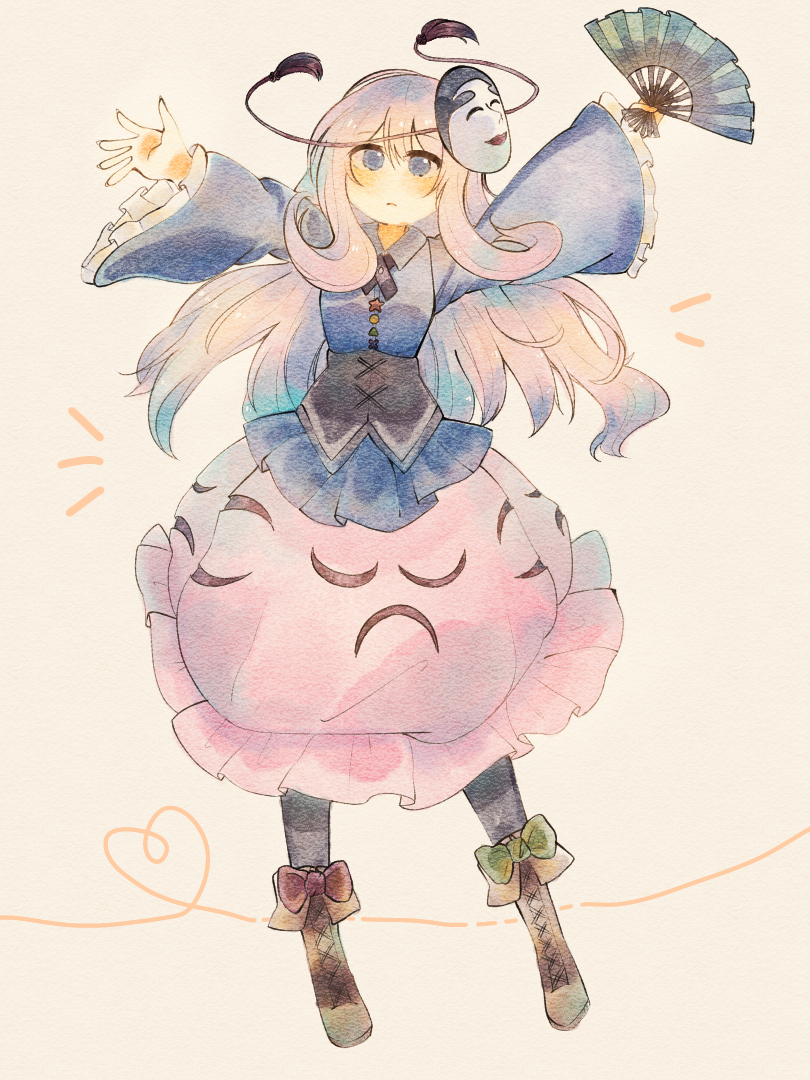 1girl, ai_chan, black_corset, black_pantyhose, blue_eyes, blue_shirt, boots, breasts, brown_footwear, bubble_skirt, collared_shirt, corset, frilled_skirt, frilled_sleeves, frills, full_body, hand_fan, hata_no_kokoro, holding, holding_fan, long_hair, long_sleeves, mask, mask_on_head, outstretched_arms, painting_(medium), pantyhose, paper_fan, pink_skirt, purple_hair, shirt, simple_background, skirt, small_breasts, solo, touhou, traditional_media, watercolor_(medium), wide_sleeves