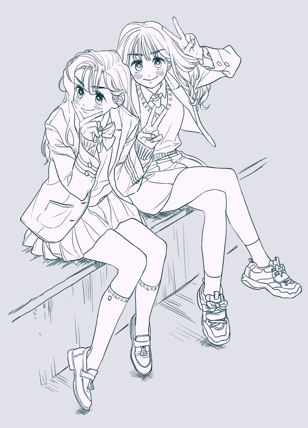 2girls, ankle_socks, blazer, blush, bow, bowtie, collared_shirt, crossed_legs