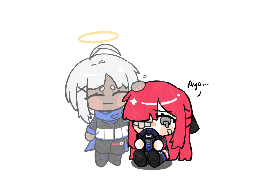 2girls, absurdres, ahoge, aya_(limbus_company), bandage_on_face, bandage_over_one_eye, bandages, black_jacket