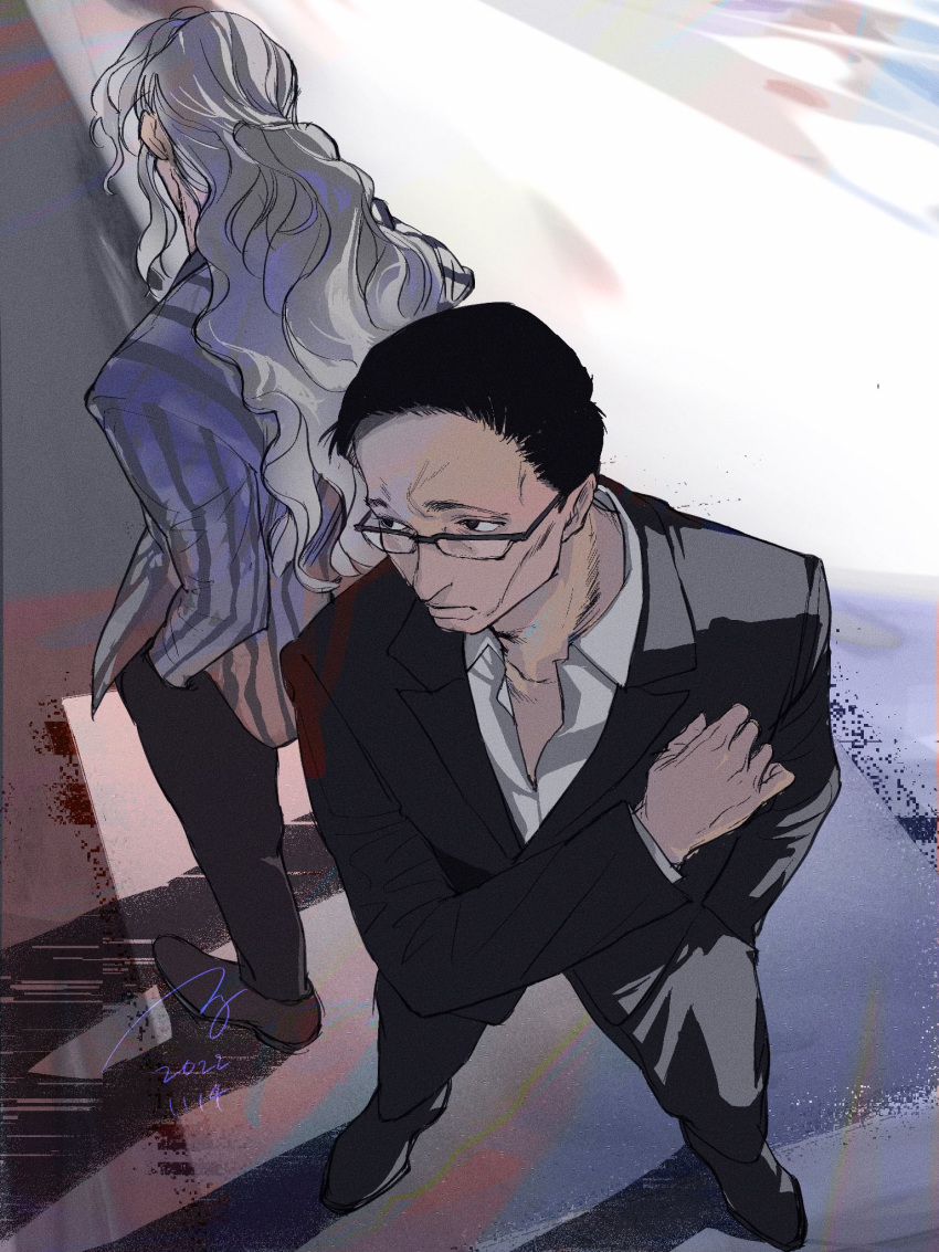 almostghost, black_hair, black_pants, black_suit, blonde_hair, formal, from_above, glasses