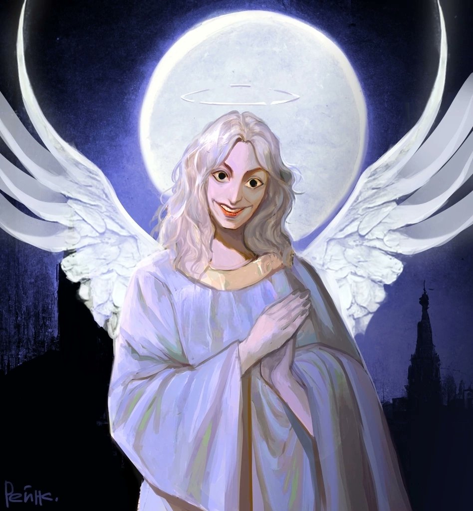 1boy, angel, angel_wings, black_eyes, blonde_hair, dark_background, fallen_angel, gabriel_(mandela_catalogue), grin, halo, horror_(theme), long_sleeves, looking_at_viewer, mandela_catalogue, moon, rainsrains666, robe, smile, solo, white_robe, wide_sleeves, wings