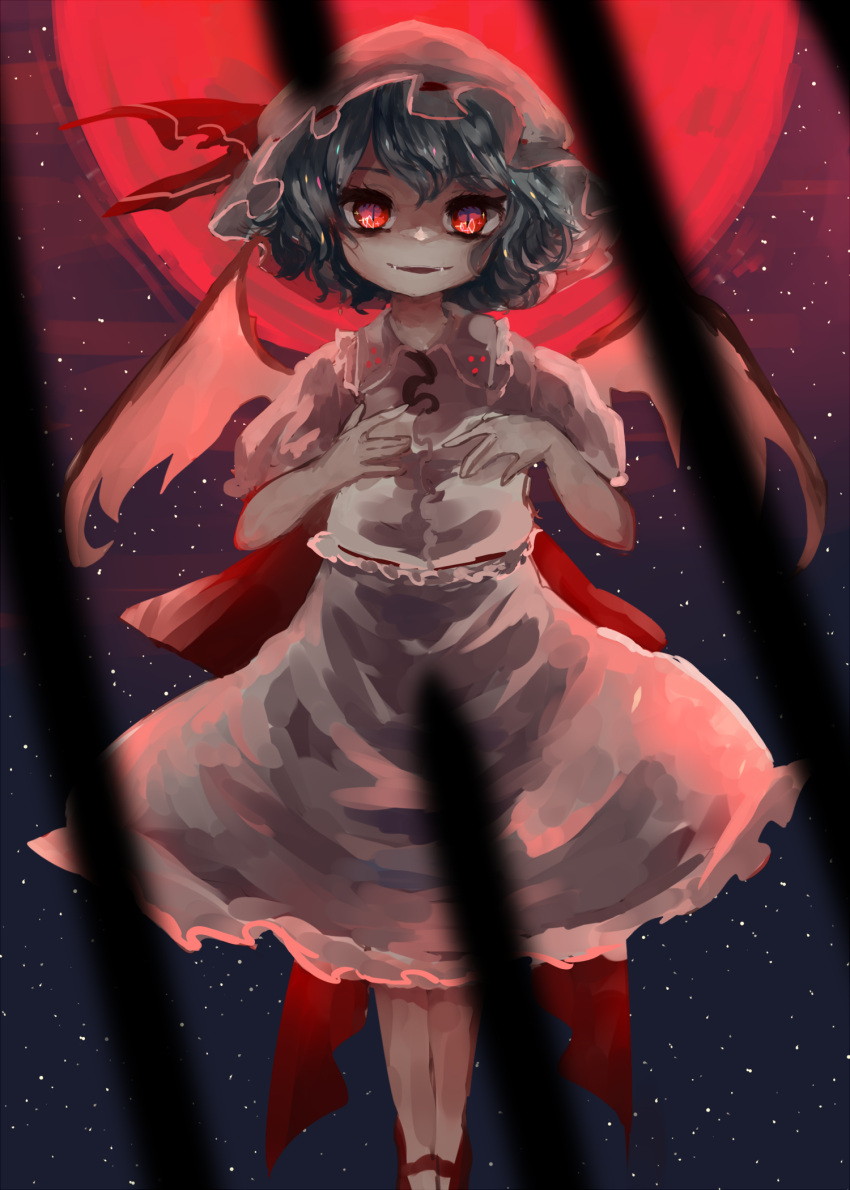 backlighting, bat_wings, blue_hair, collared_shirt, fangs, frilled_shirt, frilled_shirt_collar, frilled_skirt