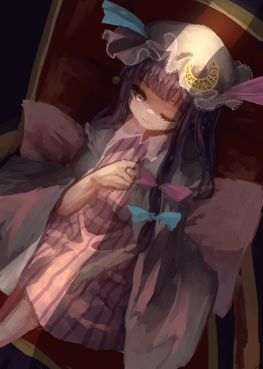 1girl, absurdres, bad_hands, chair, closed_mouth, crescent, crescent_hat_ornament, dress