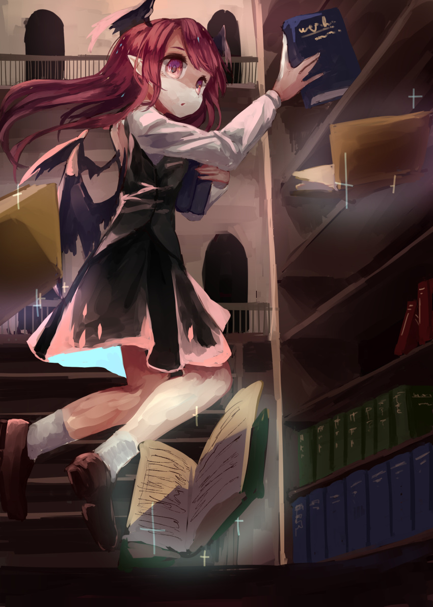 1girl, absurdres, bat_wings, black_skirt, black_vest, book, book_stack, bookshelf