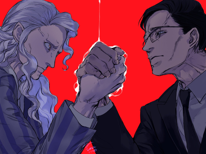 2boys, almostghost, arm_wrestling, black_hair, black_suit, blonde_hair, closed_mouth, formal, glasses, highres, hinrigh_biganduffno, hunter_x_hunter, ken'i_wang, long_hair, looking_at_another, mafia, male_focus, multiple_boys, necktie, nen, red_background, short_hair, signature, simple_background, striped_suit, suit