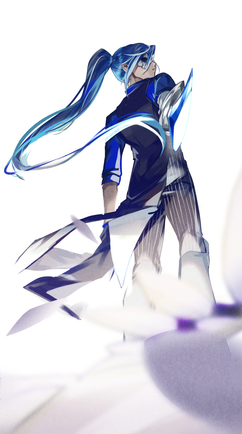 1boy, absurdres, aiming_at_viewer, akuma_shitsuji_to_kuroi_neko, black_gloves, black_pants, black_vest, blue_background