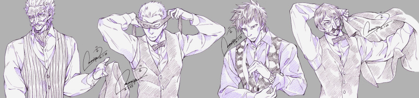 4boys, amamiya_natumi, bang_(one-punch_man), black_bow, black_bowtie, bow, bowtie, character_request, domino_mask, facial_hair, formal, grey_background, greyscale, highres, jacket, jacket_removed, long_sleeves, mask, monochrome, multiple_boys, mustache, old, old_man, one-punch_man, signature, smile, snake_(one-punch_man), spring_mustachio, striped, striped_vest, traditional_bowtie, upper_body, vest, wide_image
