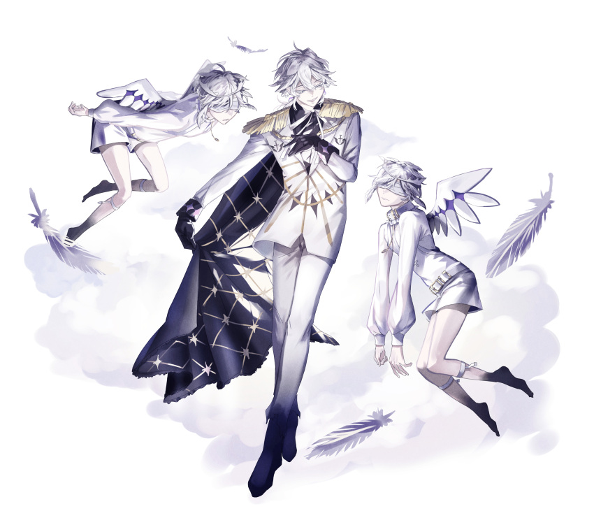 3boys, absurdres, akuma_shitsuji_to_kuroi_neko, angel, angel_wings, black_gloves, black_shirt, closed_eyes