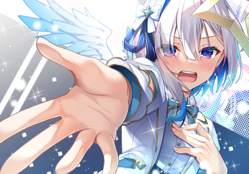 1girl, absurdres, amane_kanata, blue_hair, bow, buttons, feathered_wings, hair_ribbon