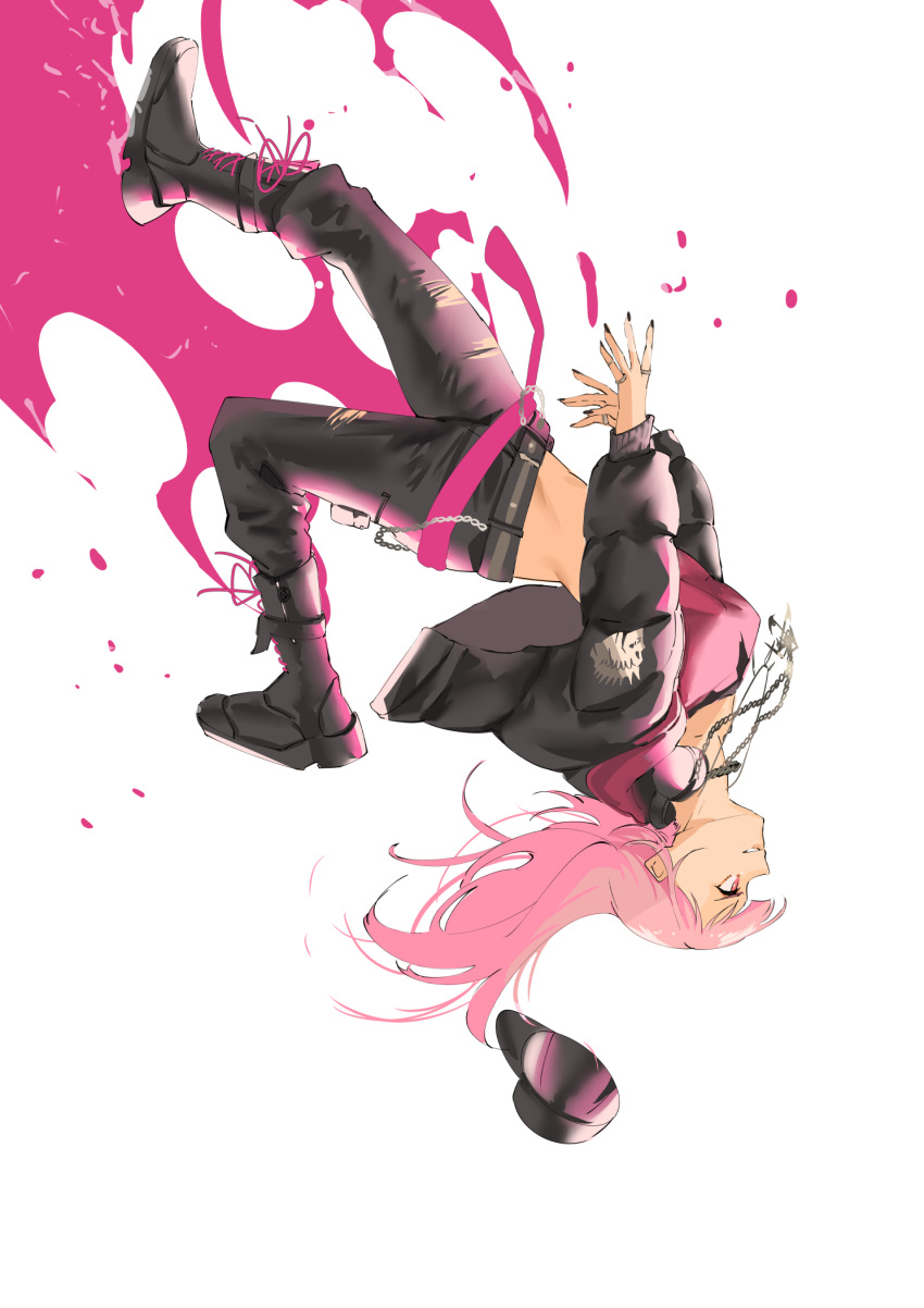 1girl, baseball_cap, belt, black_jacket, black_nails, boots, falling, hat