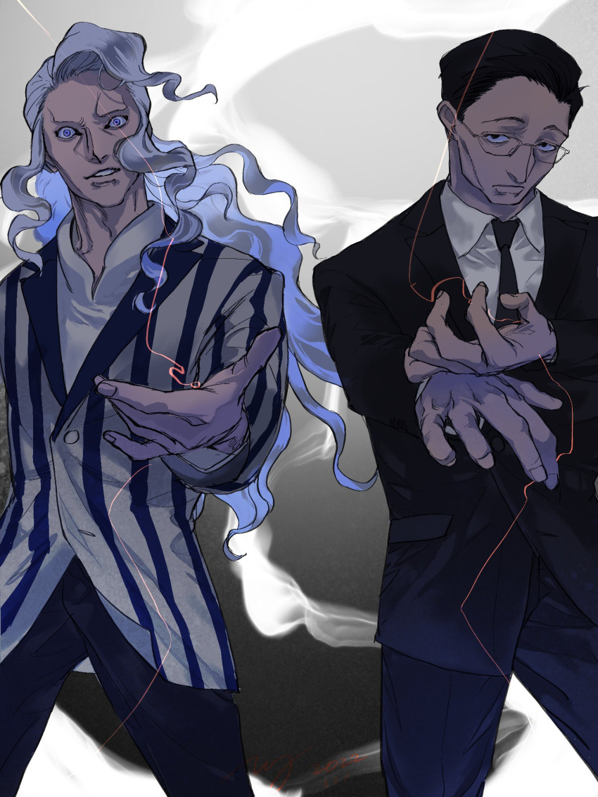 2boys, almostghost, black_hair, black_pants, black_suit, blonde_hair, blue_eyes, formal