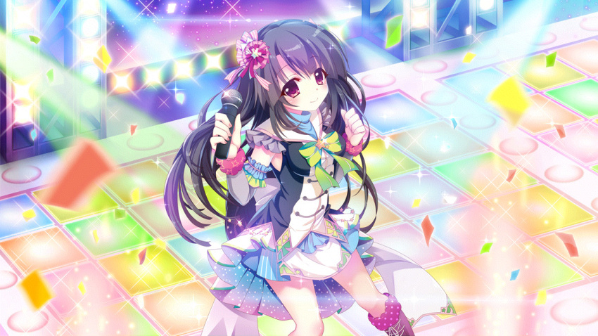 1girl, armpits, black_hair, blue_skirt, boots, breasts, brooch, clenched_hand