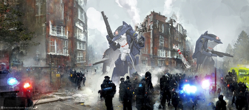 1980_iranian_embassy_siege, absurdres, balmoral_mk.ix, battroid, building, clouds, damaged, drone