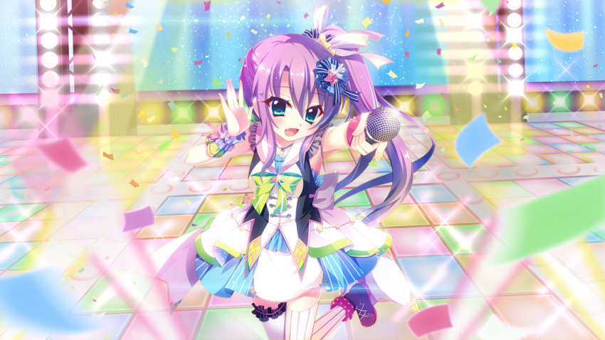 1girl, armpits, bead_necklace, beads, blue_eyes, blue_skirt, breasts, brooch